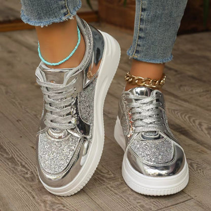 Fashion Lace-up Flat Shoes With Sequin Design Casual Sports Thick Bottom