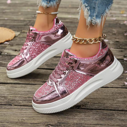 Fashion Lace-up Flat Shoes With Sequin Design Casual Sports Thick Bottom