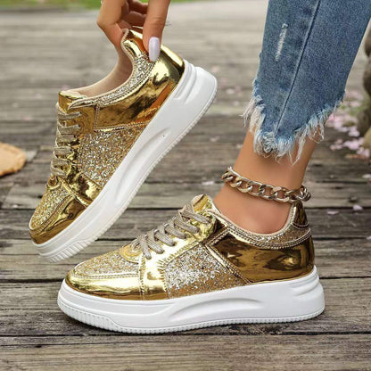 Fashion Lace-up Flat Shoes With Sequin Design Casual Sports Thick Bottom