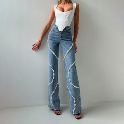 Fashion Women Clothing Loose Straight-cut Rhinestone Jeans
