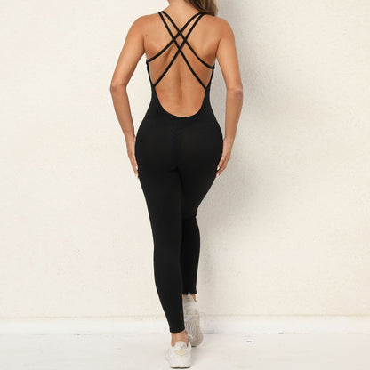 Yoga Jumpsuit With Cross-strap Back Design Quick-drying Tight-fitting Running Sports Fitness Pants Fashion Seamless Leggings