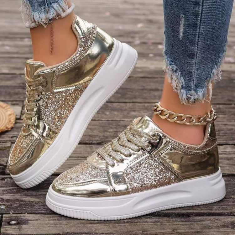 Fashion Lace-up Flat Shoes With Sequin Design Casual Sports Thick Bottom