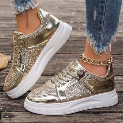 Fashion Lace-up Flat Shoes With Sequin Design Casual Sports Thick Bottom