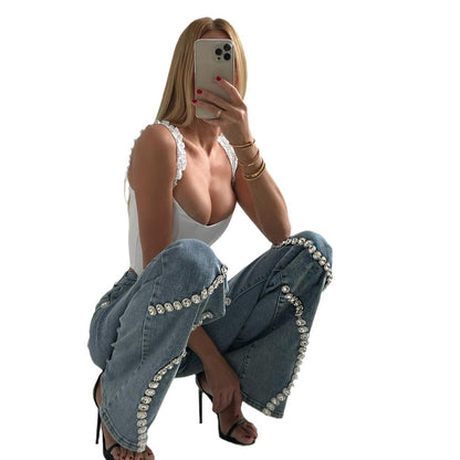 Fashion Women Clothing Loose Straight-cut Rhinestone Jeans
