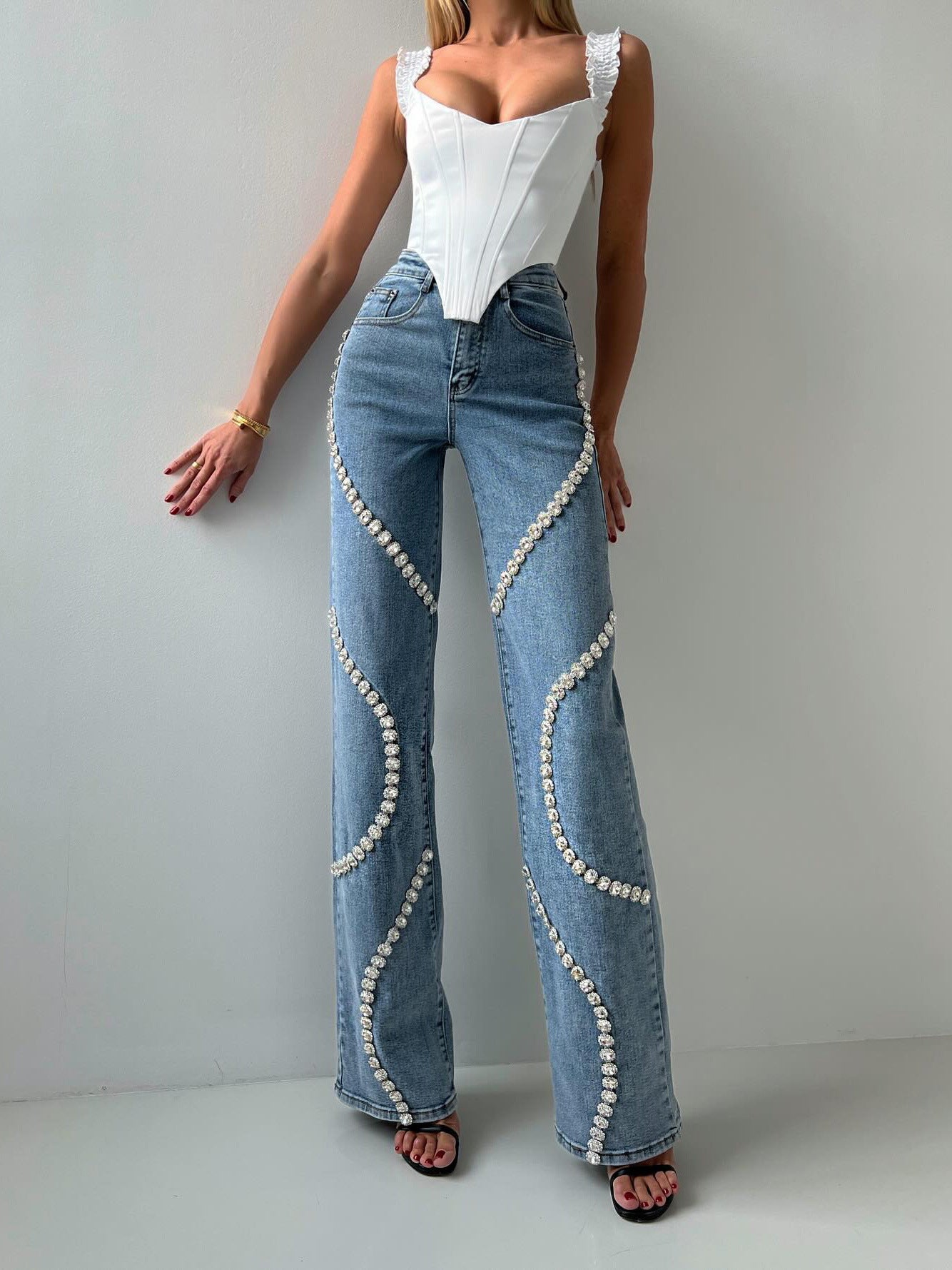 Fashion Women Clothing Loose Straight-cut Rhinestone Jeans
