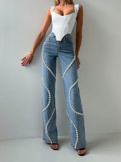 Fashion Women Clothing Loose Straight-cut Rhinestone Jeans