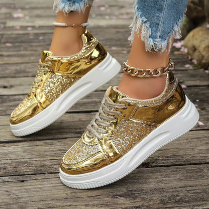 Fashion Lace-up Flat Shoes With Sequin Design Casual Sports Thick Bottom
