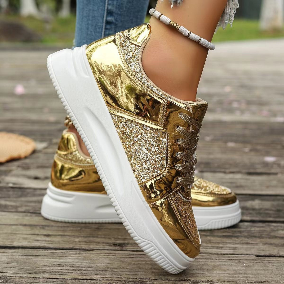 Fashion Lace-up Flat Shoes With Sequin Design Casual Sports Thick Bottom