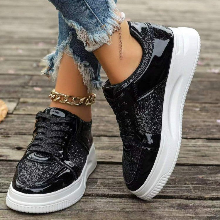 Fashion Lace-up Flat Shoes With Sequin Design Casual Sports Thick Bottom